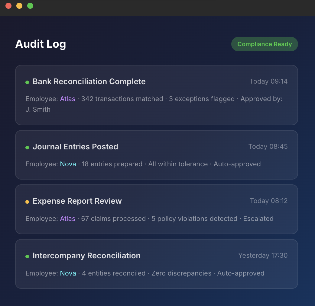 NUMA Audit Log showing completed reconciliations, journal entries, and compliance-ready execution trail