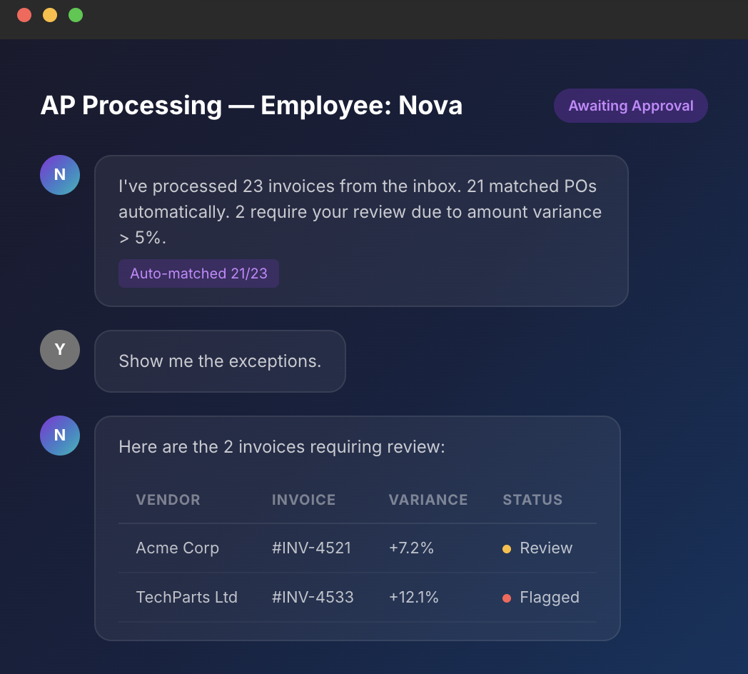 NUMA AP Processing showing automated invoice matching, exception flagging, and approval workflow