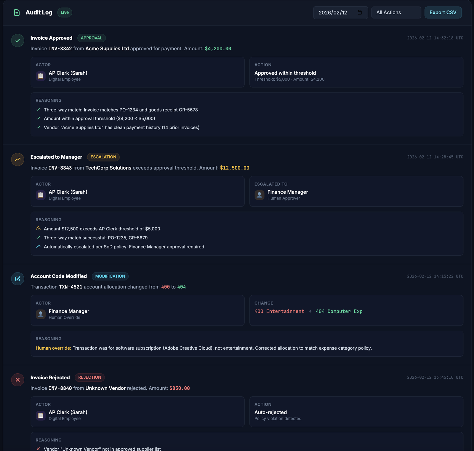 NUMA Audit Log showing timestamped entries for invoice approval, threshold escalation, human override with reasoning, and policy-based rejection — each with actor attribution and detailed audit reasoning