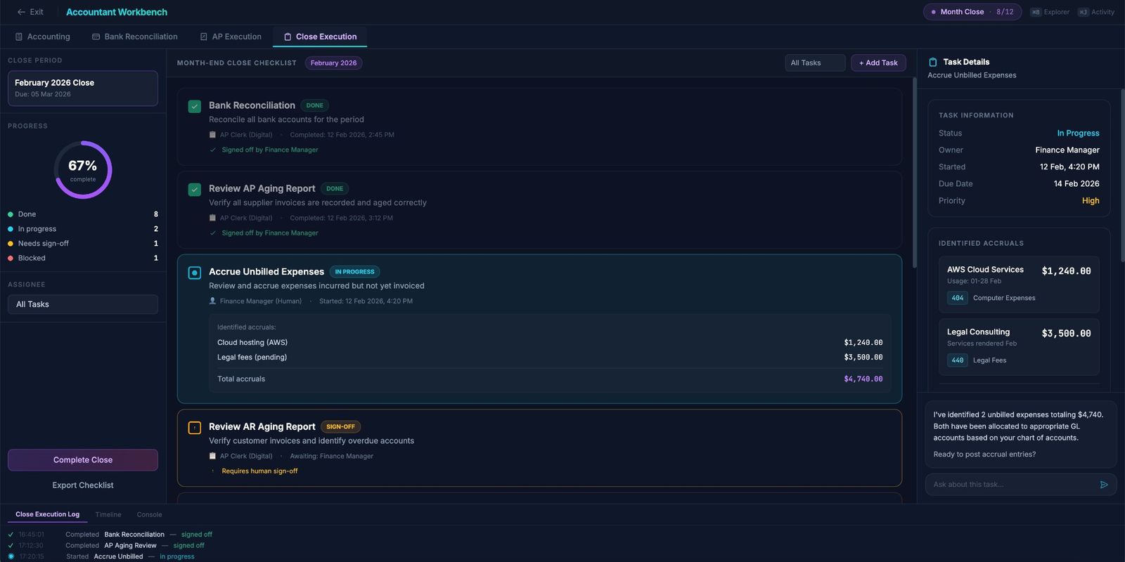 NUMA Close Execution checklist for February 2026 month-end close at 67% progress showing completed reconciliations, in-progress accruals with identified amounts, tasks awaiting human sign-off, and a live execution log