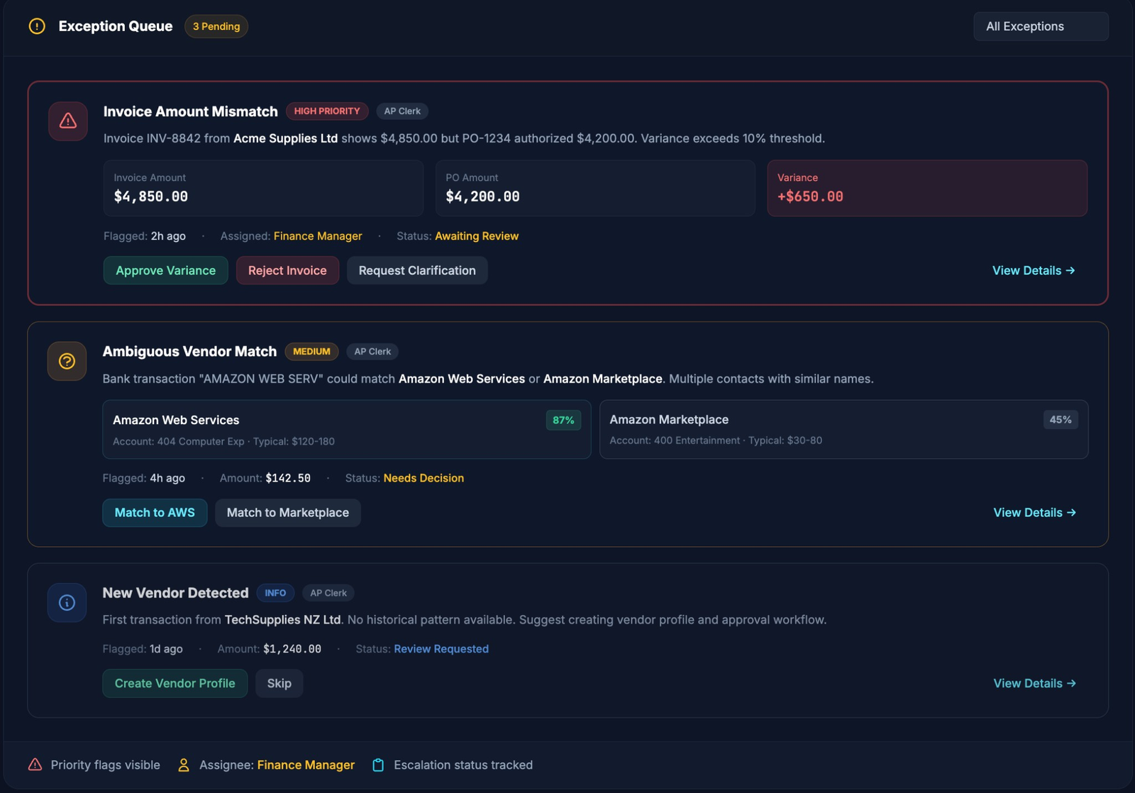 NUMA Exception Queue showing three flagged items awaiting human review with priority levels, assigned reviewers, variance details, and action buttons for approval, rejection, and escalation